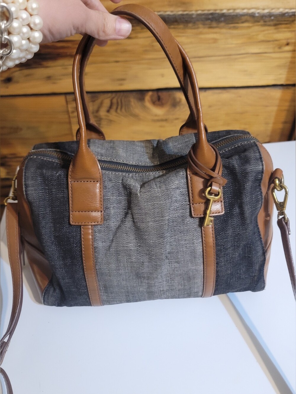 Women’s Two-Tone Denim and Brown Leather Satchel ((FOSSIL))